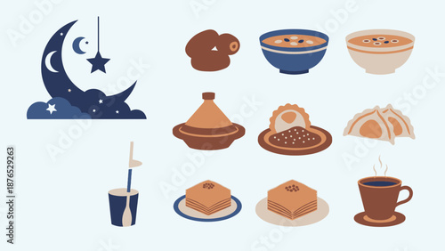 Delicious traditional Middle Eastern food and Ramadan symbols