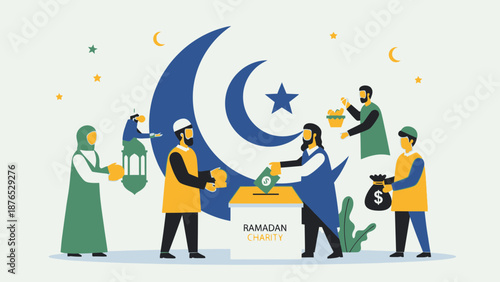 People giving charity during Ramadan with crescent moon and star