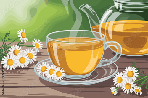 Steaming Chamomile Tea with Fresh Flowers on Wooden Table Herbal Relaxation Concept