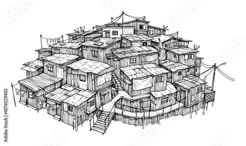 Detailed sketch of a crowded hillside shantytown with numerous makeshift homes and connecting pathways, suitable for urban planning presentations or cultural studies infographics.