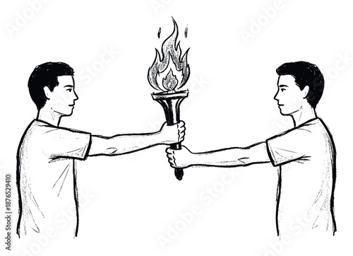 Two young Asian men engaging in a symbolic torch relay representing the passing of knowledge and responsibility, ideal for educational, sports, or corporate inspirational content