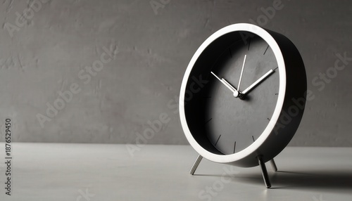 A minimalist black round clock with silver hands and frame stands on a grey surface with a textured concrete wall in the background