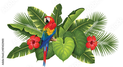A vibrant scarlet macaw perched amidst lush tropical foliage and red hibiscus