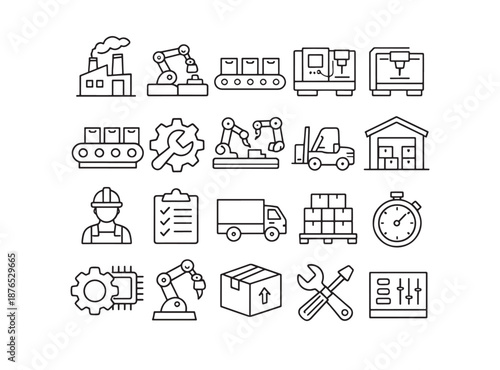 Factory and Industry Vector Icons – Industrial Buildings, Warehouses, and Production Lines