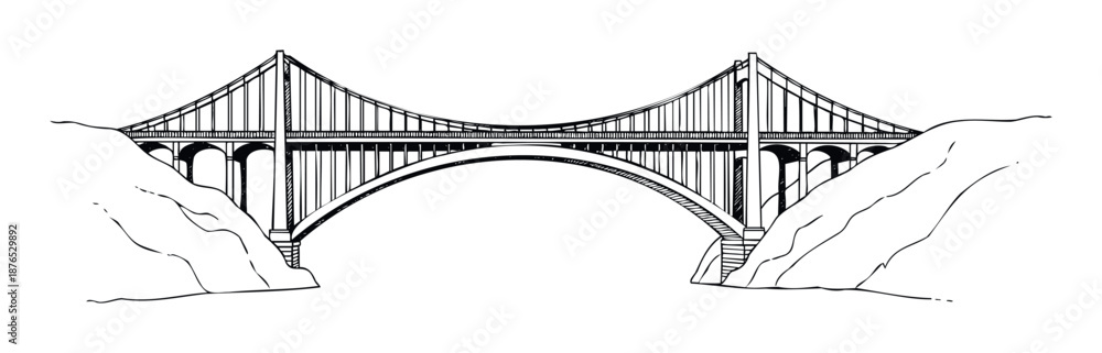 Obraz premium Detailed hand drawn sketch of a grand suspension bridge connecting two mountainous landmasses, perfect for engineering publications and educational content.