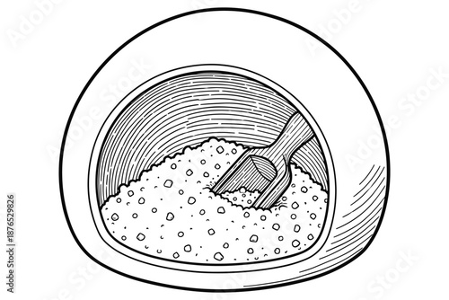 Sketch of bowl full of sugar in top view illustration with scoop vector design