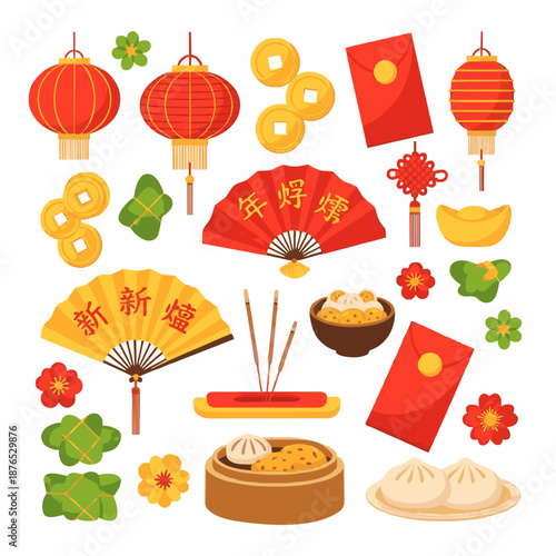 Flat lay of various Chinese New Year decorations and treats on a white background with red and gold accents.