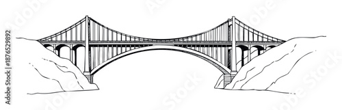 Detailed hand drawn sketch of a grand suspension bridge connecting two mountainous landmasses, perfect for engineering publications and educational content.