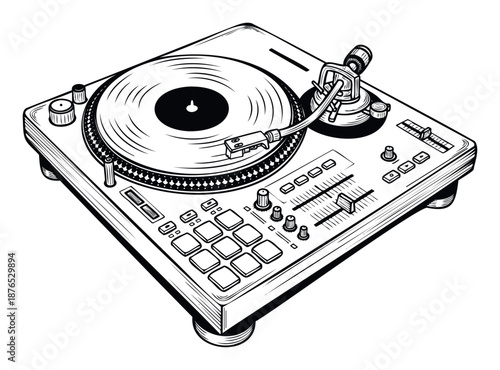 Stylized monochrome vector drawing of a professional DJ turntable setup with a spinning vinyl record, perfect for music event posters, album covers, or nightclub promotional materials.