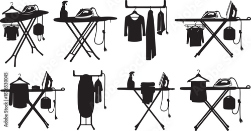 Silhouettes of ironing boards with clothes and accessories