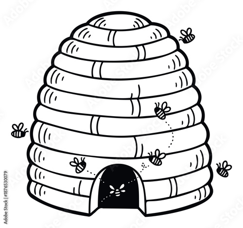 Line drawing of a traditional beehive with buzzing bees, perfect for naturethemed educational materials, childrens books, or ecological project graphics