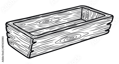 Stylized black and white line drawing of an empty rectangular wooden box featuring natural wood grain texture ideal for various gardening, home decor, or craft projects.