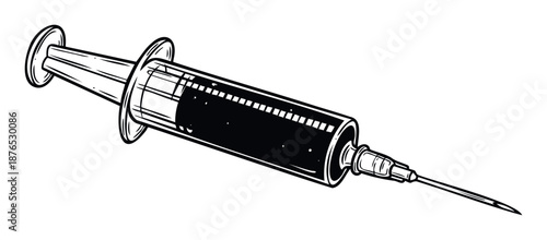 Medical syringe filled with liquid for injection, a crucial healthcare tool for medication delivery and medical procedures, perfect for healthrelated publications and awareness campaigns.