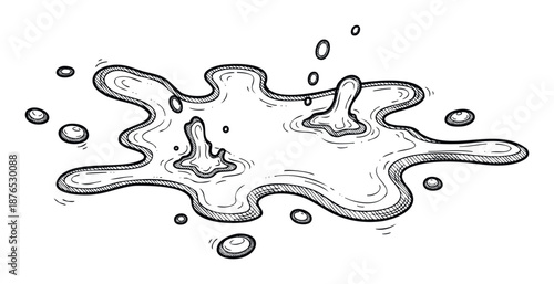 Detailed black and white sketch of a spilled liquid puddle with dynamic splashes and surface ripples perfect for educational materials or playful graphic overlays