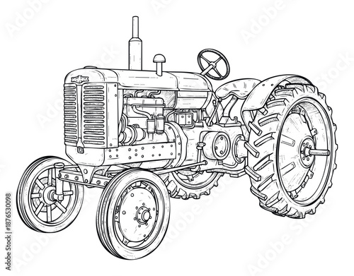 A vintage farm tractor outline drawing showcasing classic agricultural machinery for historical themes or coloring book activities or educational materials