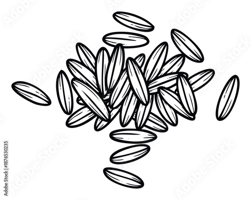 Monochromatic graphic of essential food grains forming an organic cluster, suitable for packaging, culinary branding, recipe ingredients, and agricultural market visuals