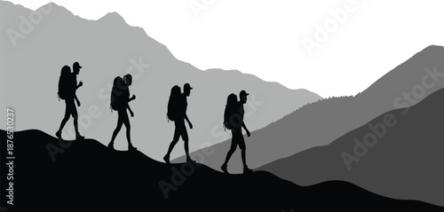 Black Silhouette of People Hiking in Mountains with Backpacks, Group of Trekking Friends for Outdoor Adventure Nature and Travel Vector