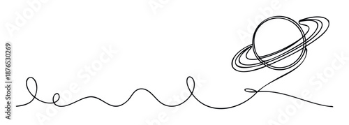 Continuous line drawing of a planet with rings floating in space, perfect for scientific education materials, cosmic themed marketing, or simple graphic projects