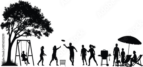 Black Silhouette of People Having Fun in Garden with BBQ Grill, Family Activities under Tree and Umbrella for Summer Lifestyle