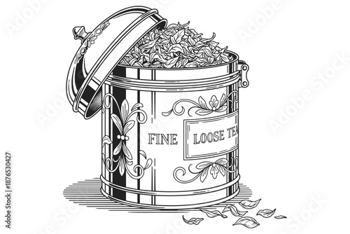 Vintage engraving drawing illustration of loose tea in tin container with open lid vector