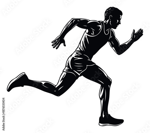 Energetic male runner in athletic attire sprinting with power, ideal for sports event promotions, fitness branding, and healthy lifestyle campaigns and apparel.