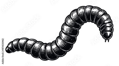 Engaging black and white segmented insect larva drawing ideal for educational resources, nature studies, or unique graphic design projects and logos requiring a vintage aesthetic.