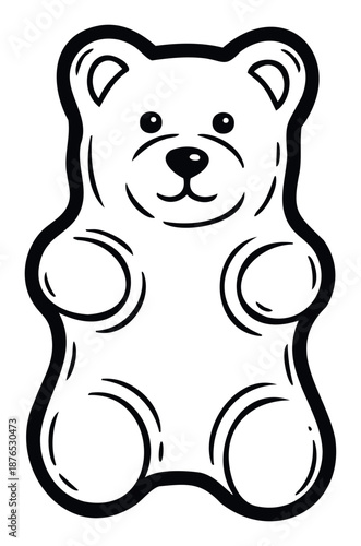 Simple black and white outline drawing of a cheerful gummy bear candy, perfect for childrens books, sweet snack packaging, or playful graphic design projects