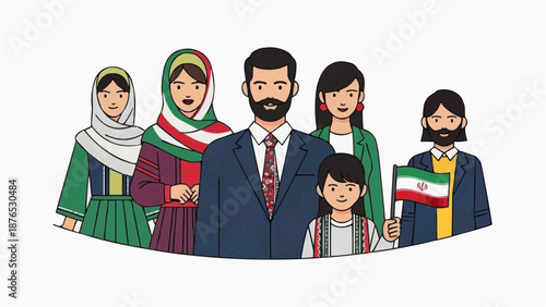Diverse Iranian Community with National Flag Illustration