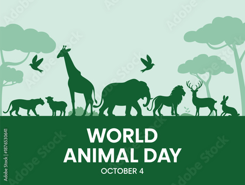 World Animal Day Banner with Wildlife Silhouettes in Green Forest. Biodiversity Conservation Concept with Wild Animal Silhouettes in Natural Habitat.