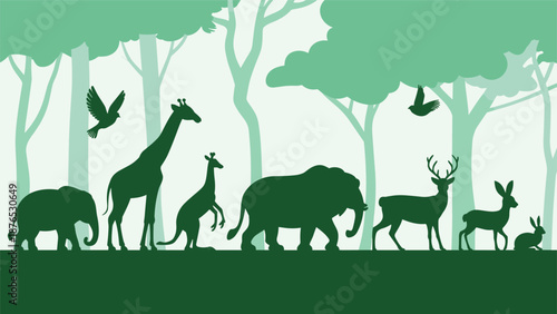 Wild animal silhouettes in green forest landscape vector illustration. Nature wildlife conservation background with animals in green woods.