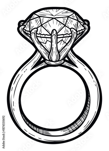 Luxurious faceted diamond ring illustration in a handdrawn etching style, ideal for upscale jewelry branding, bridal announcements, and anniversary celebration materials.