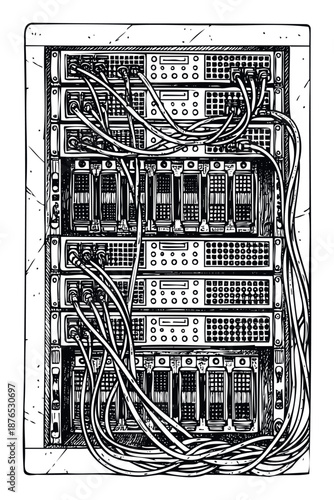 Detailed technical schematic of a complex server rack system with various electronic devices and intricate network cabling, perfect for illustrating data center infrastructure and