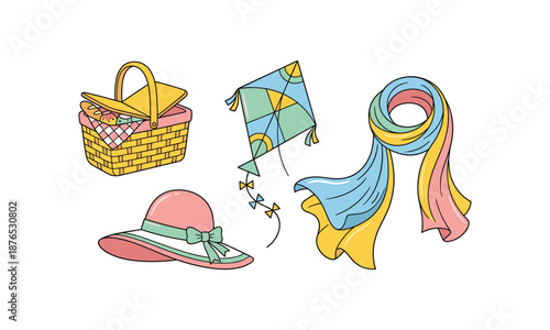 Bundle spring set for picnic kite scarf and hat vector illustration