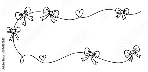 Charming continuous line artwork of decorative bows and sweet hearts forming a graceful border suitable for romantic wedding invitations, baby shower decorations, and festive event framing.