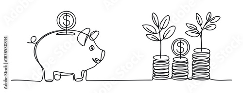 Continuous line art depicting a piggy bank collecting currency and coin stacks with growing plants, symbolizing smart financial investment and wealth creation for economic concepts.