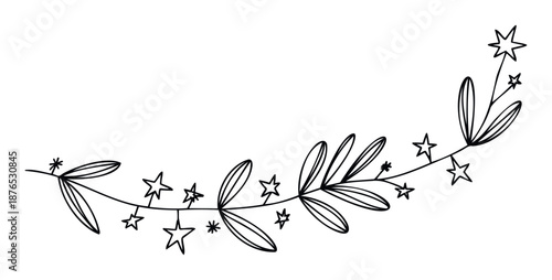 Black outline drawing of a decorative branch with stars and leaves, perfect for adding a touch of celebration to holiday greetings, party invitations, or event decorations.