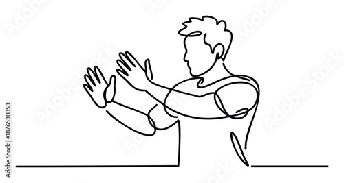 A minimalist one line drawing depicting a man with arms raised and hands open expressing a stop or push gesture, perfect for business concepts, communication graphics, or modern