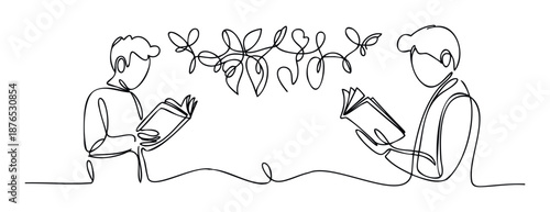 Continuous line drawing of two individuals deeply engaged in reading books, connected by a flowing organic vine, perfect for educational materials or literary event promotions.