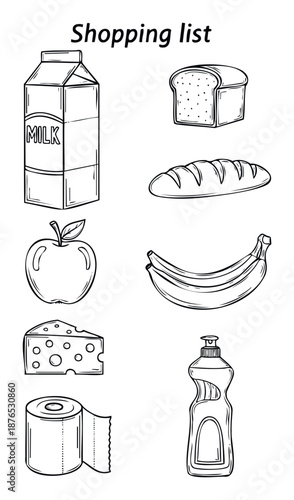 Essential daily groceries and household items depicted in a simple line drawing, perfect for educational materials or lifestyle content illustrating a shopping plan.