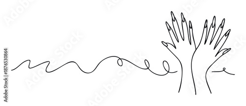 Continuous line drawing illustrating elegant hands with pointed nails, symbolizing beauty and connection, perfect for nail care promotions, fashion advertisements, or modern graphic elements