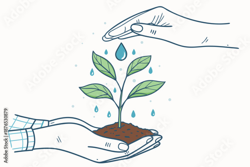Hands gently watering a small plant seedling symbolizing growth nurturing care and environmental responsibility in a minimal line art style on a clean white backdrop