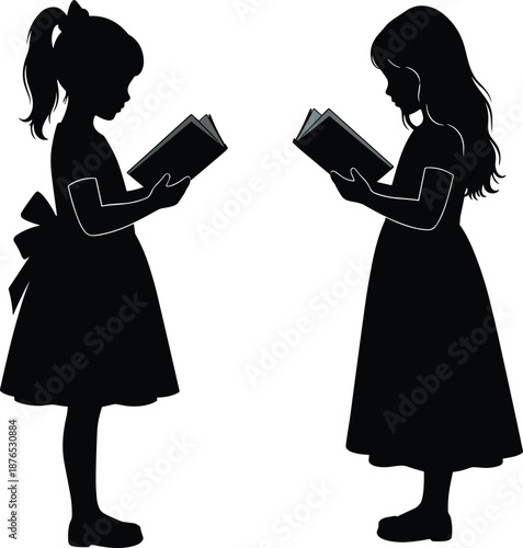 Black Silhouette of Two Little Girls Standing and Reading Books, Happy Kids Learning and Studying for Primary School Education Vector