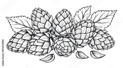 Hand drawn hops and leaves botanical sketch for brewery product packaging or craft beer label and traditional food ingredient applications