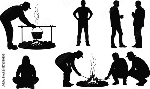 Camping men silhouette collection showing outdoor cooking campfire discussion and relaxing poses isolated on white background perfect for adventure travel survival lifestyle design concepts