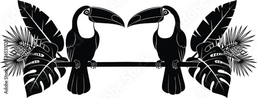 Tropical toucan bird silhouette illustration with exotic jungle leaves symmetrical composition isolated on white background perfect for wildlife nature branding decor and summer design projects