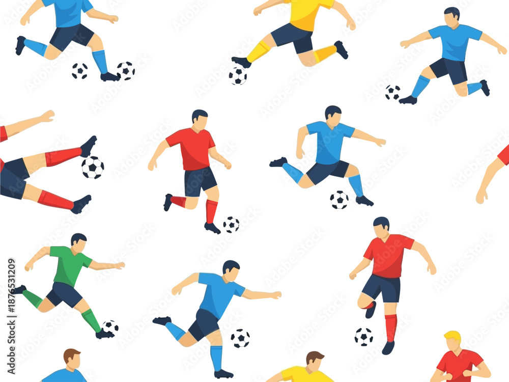 Fototapeta premium Modern seamless vector pattern featuring multiple soccer players in energetic movement poses