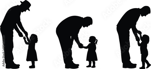 Father teaching little daughter to walk silhouette family bonding moment isolated on white background parenting love trust childhood development care support concept
