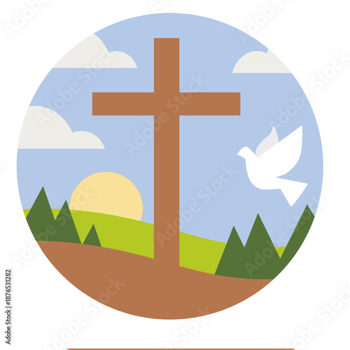 Religious landscape with a wooden cross on a hill, white dove of peace, sunrise, and green trees. Spiritual nature concept.