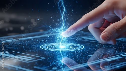 Advanced technology interface and biometric authentication. Interactive touch screen and innovation concepts. Finger touching a digital surface with glowing electric sparks