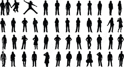 Large collection of diverse people silhouettes standing walking posing and jumping isolated on white background for character design infographic advertising social concept projects